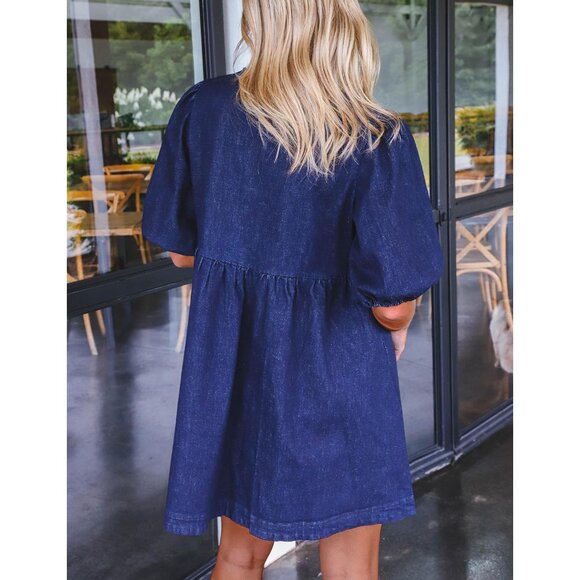 Women’s Denim Dress Puff Short Sleeves Babydoll Pockets Casual Blue 80% Cotton - Picture 2 of 5